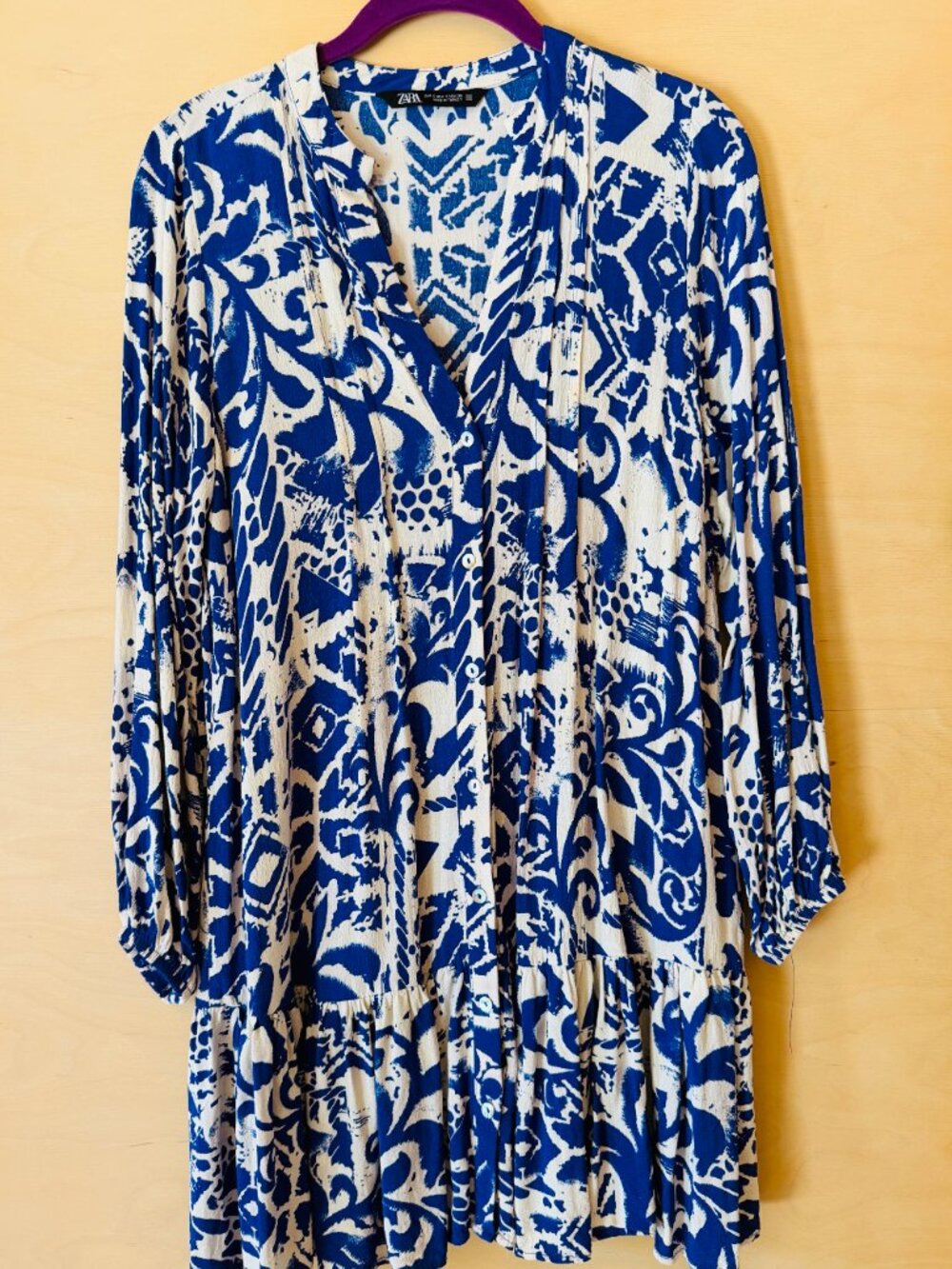 ZARA Blue and White Print, Long Sleeve, Size Small, Dress